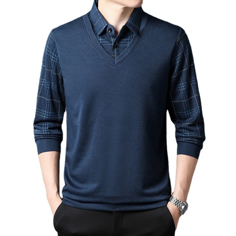Camisa polo manga comprida masculina, blusa xadrez de lapela, casual de meia-idade, outono, nova