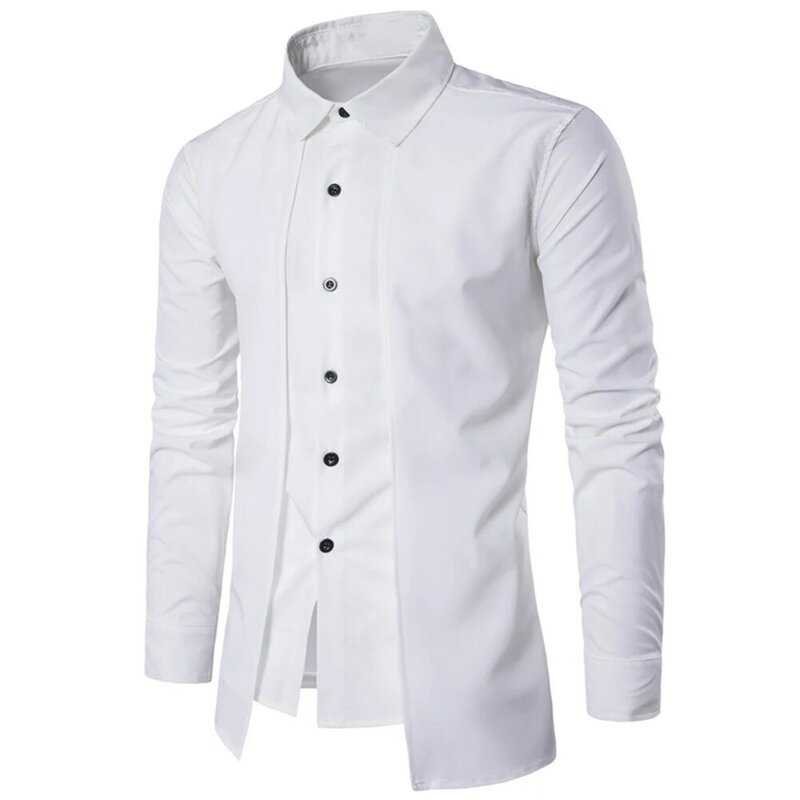 Camiseta casual dupla de capa masculina, slim fit, gola lapela, manga comprida, vestido formal de negócios, tops masculinos, moda