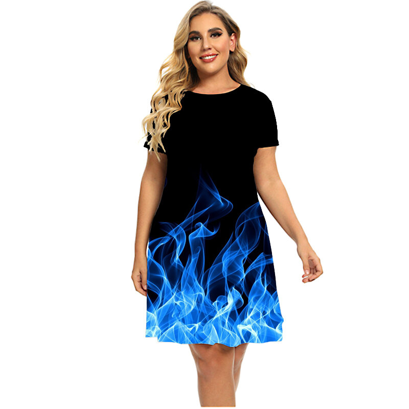 Blauwe Vlam 3D Afdrukken Jurk Oversized Korte Mouwen O-hals Losse Jurk Femme Fashion Casual Mini Jurk Plus Size Vrouwen Kleding