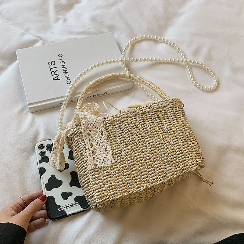 HOCODO nuova borsa di paglia di perle borsa a tracolla intrecciata a mano estiva cestino intrecciato femminile borsa da donna borsa da viaggio da donna da spiaggia