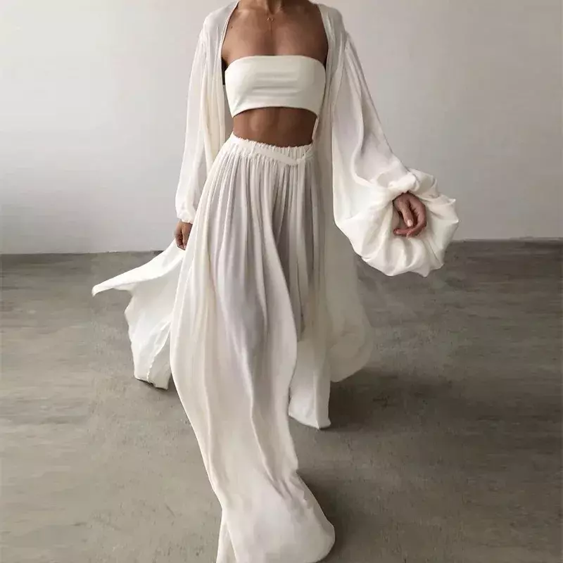 Women 3 Piece Sets Fashion Casual Lantern Sleeve Cardigan Tops+Wide Leg Pants Suits Lady Spring Soft Three Piece Outfit OFE07