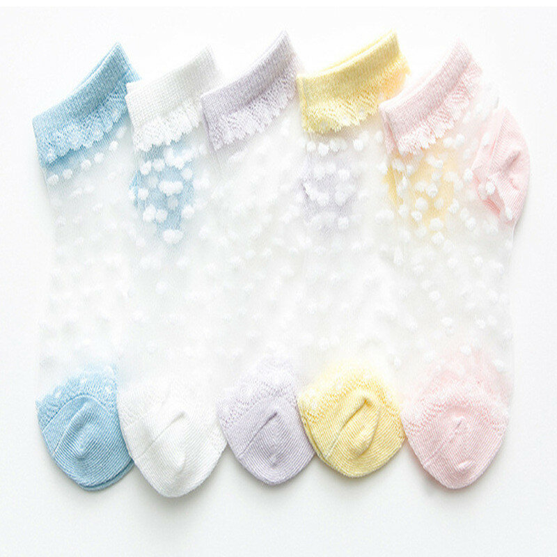 Calcetines de verano para niñas pequeñas, medias de seda de cristal con lunares, malla fina, transpirable, encaje elástico, 5 pares