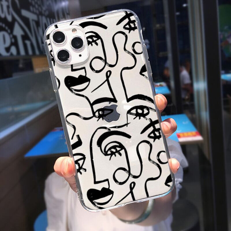 Phone Case for iPhone 15 14 13 12 11 Pro Max 7 8 Plus X XR XS SE Abstract Geometric Art Line Face Shockproof Clear Cover Coque