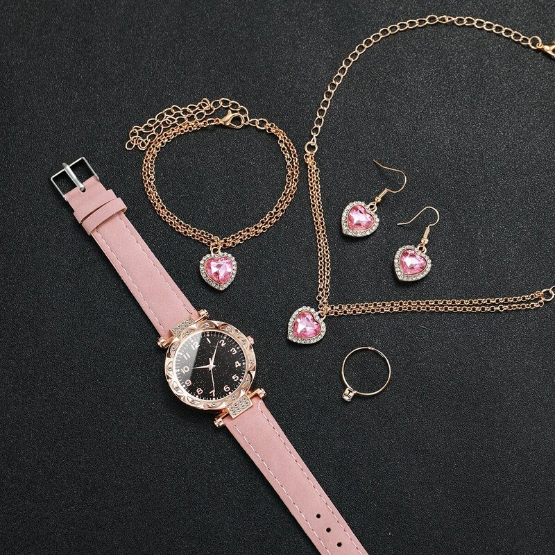 ساعة كوارتز بسوار جلدي للنساء ، مجموعة مجوهرات قلب الحب ، الموضة ، 6 طقم