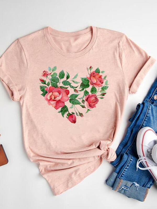 Camiseta feminina com estampa amor coração, camiseta manga curta, roupa básica, top verão, moda doce, roupas gráficas