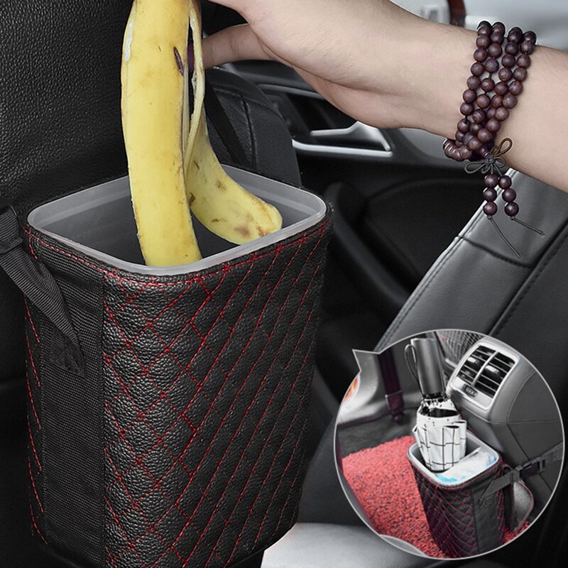 AT14 Car Trash Can Refined Leather Car Garbage Cans Plus 4 Car Hooks Combination Leak-Proof Trash Bin With Magnet Lid