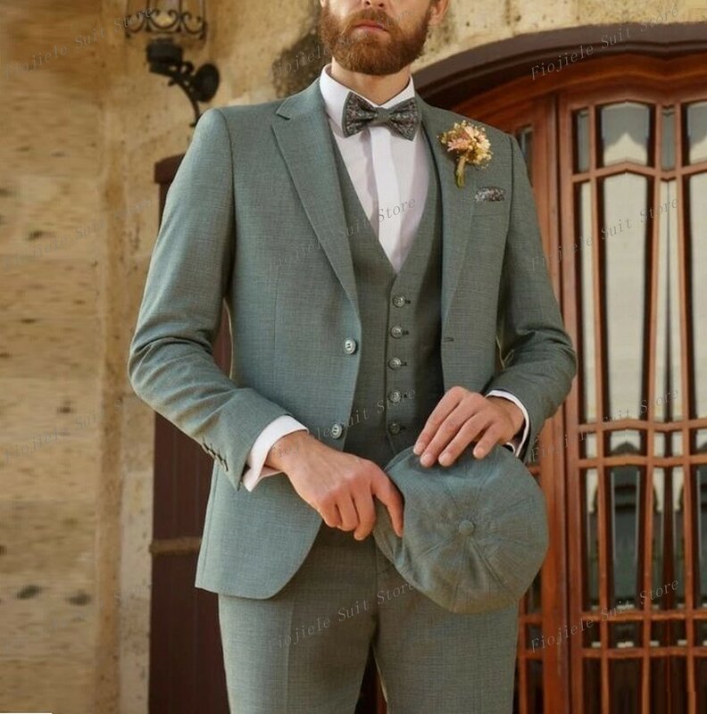 Male Light Green Men Suit Business Prom Groom Groomsman Wedding Party 3-Piece Set Formal Occasions Tuxedo Jacket Vest Pants A1