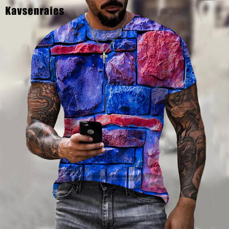 2022 homens casual parede de tijolos oversized camiseta moda colorida parede de pedra impresso 3d t camisa para homens de alta qualidade verão