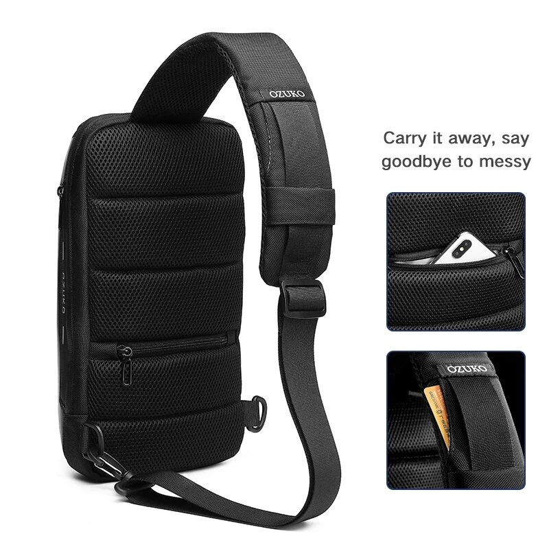 OZUKO-mochila de pecho impermeable con puerto de carga USB, bolso antirrobo, bandolera de hombro