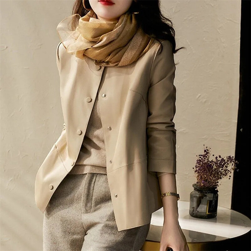 High-end Fashion Spring and Autumn  PU Leather Coat Upper-Grade Temperament Women's Slim Plus Velvet Plus Large-size Casual Coat
