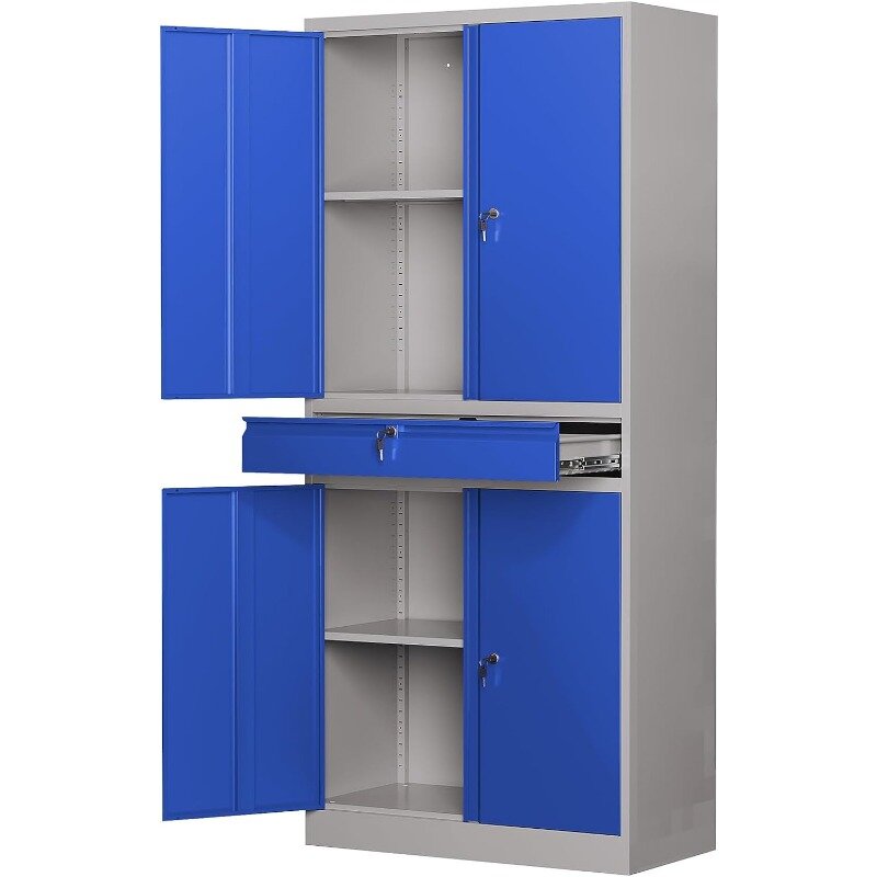 Metal Garage Storage Cabinet with Locking Doors and Adjustable Shelves, Tool Storage Cabinet with 1 Drawer - 71" Steel Locking