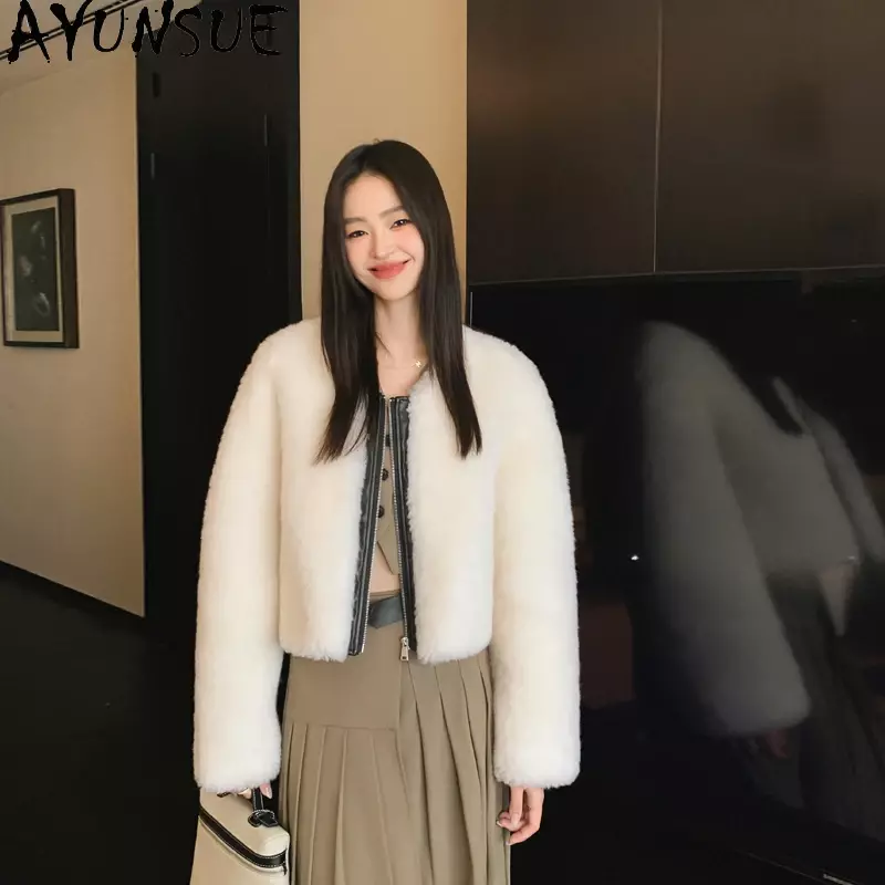 AYUNSUE-Casaco curto de lã feminino com zíper, jaqueta elegante, casacos casuais de pele 100% tosquia de ovelha, inverno, 2023