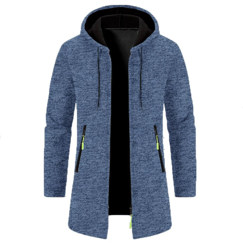 Мужской зимний длинный тренчкот 2023, вязаный свитер, флисовая ветровка, темно-синие отложные толстовки, кардиган на молнии, мужское пальто