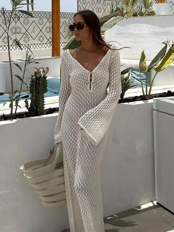 Robe dos nu à manches longues en tricot blanc pour femmes, Cover-Up Bikin, See-Through, Deep V-Neck, Hollow-Out, Beach Knitwear, Sexy, Fashion