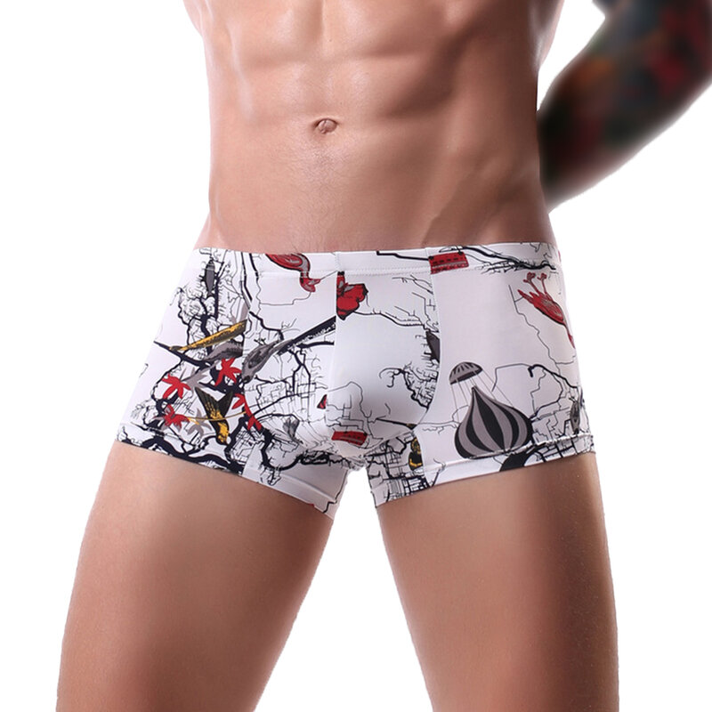 Sexy Mens Comfy Underwear Silky Boxer Briefs All Seasons Bikini Male Swimming Trunks Lightweight Print Шорты Мужские