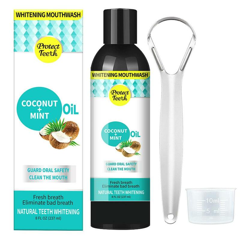 Enjuague bucal de aceite de coco, herramienta de limpieza de dientes bucales de mal aliento con raspador de lengua para viajes en casa, 237ml, B9U8