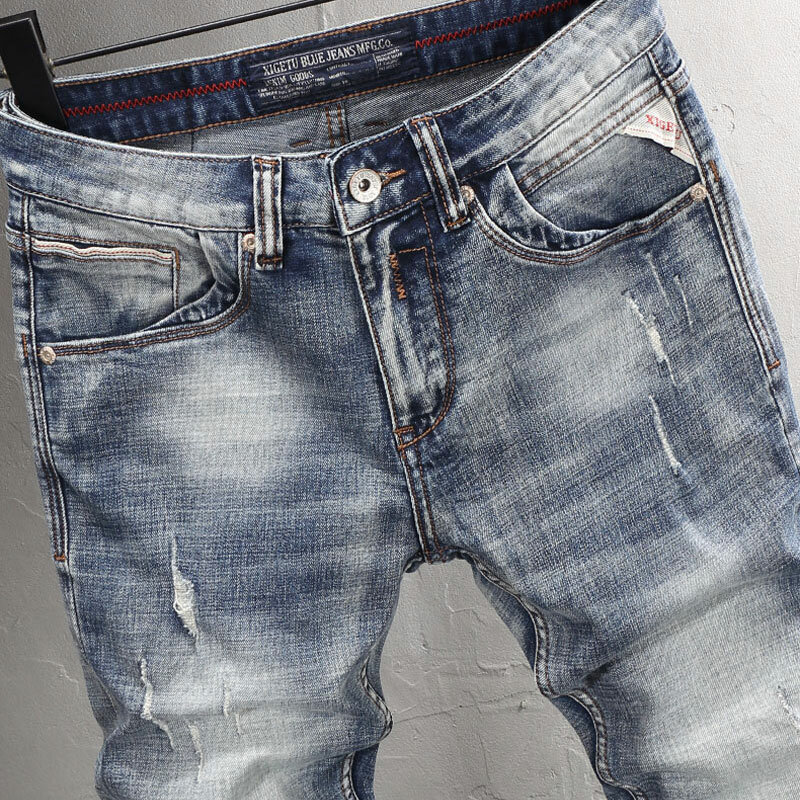 Estilo italiano retrô masculino lavado com elástico azul Slim Fit Rasgado Jeans, calça jeans designer vintage, moda de alta qualidade