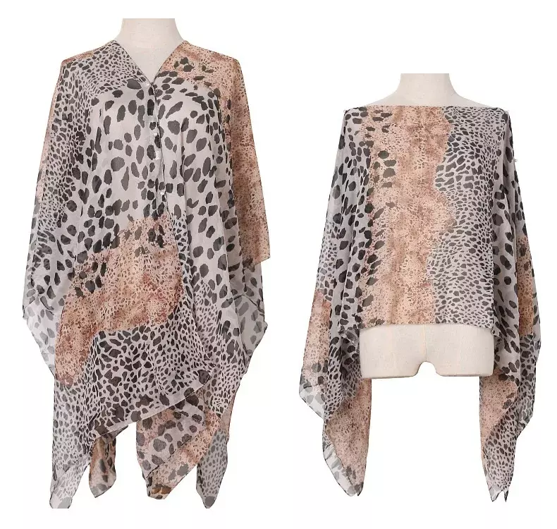 Cachecol de seda imitação com estampa leopardo para mulheres, xale protetor solar, capa de fivela de pérola, café, verão, 2024