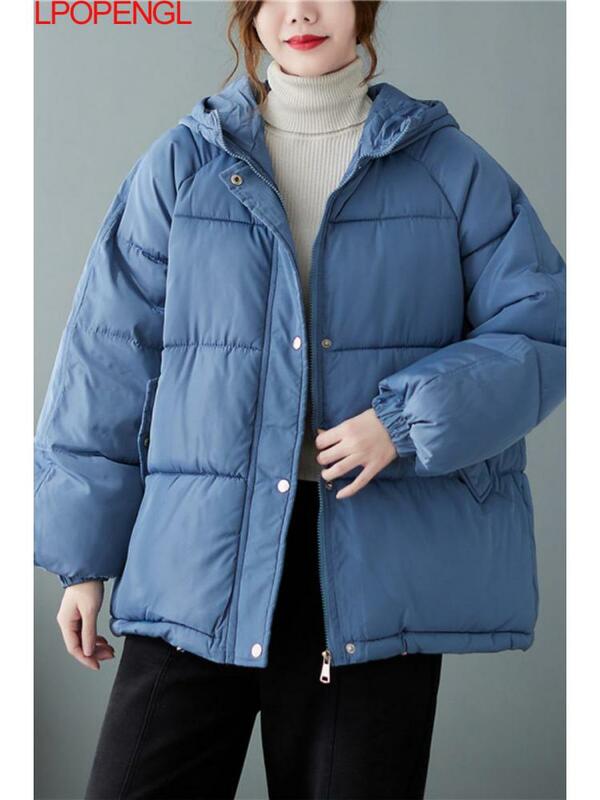 Inverno addensato moda Versatile Streetwear giacche donna tenere al caldo allentato Casual tinta unita cappotto di cotone con cerniera a vita larga
