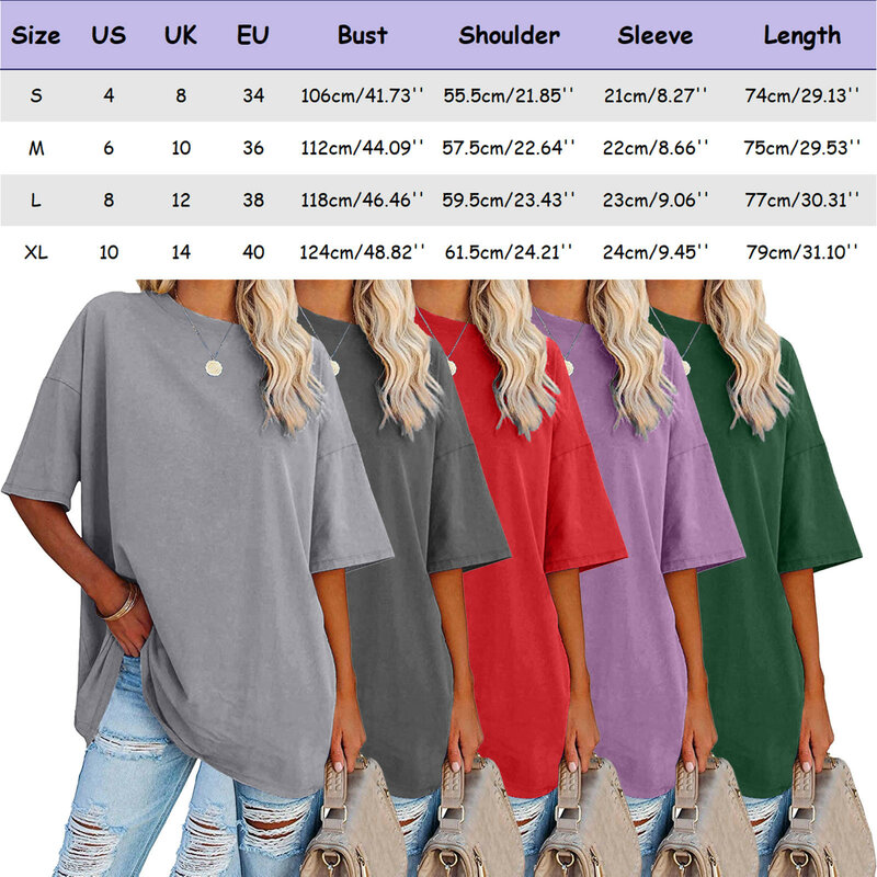 Camiseta monocromática solta de tamanho grande feminina, tops verão com decote em O, manga curta, camiseta casual, roupa feminina, blusa túnica, Y2K, 2021, Y2K