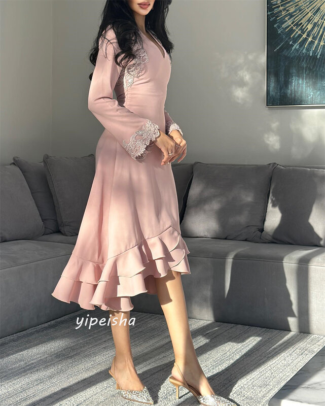 Prom Dress Saudi Arabia Satin Applique Tiered Wedding Party A-line V-Neck Bespoke Occasion Gown Knee Length Dresses