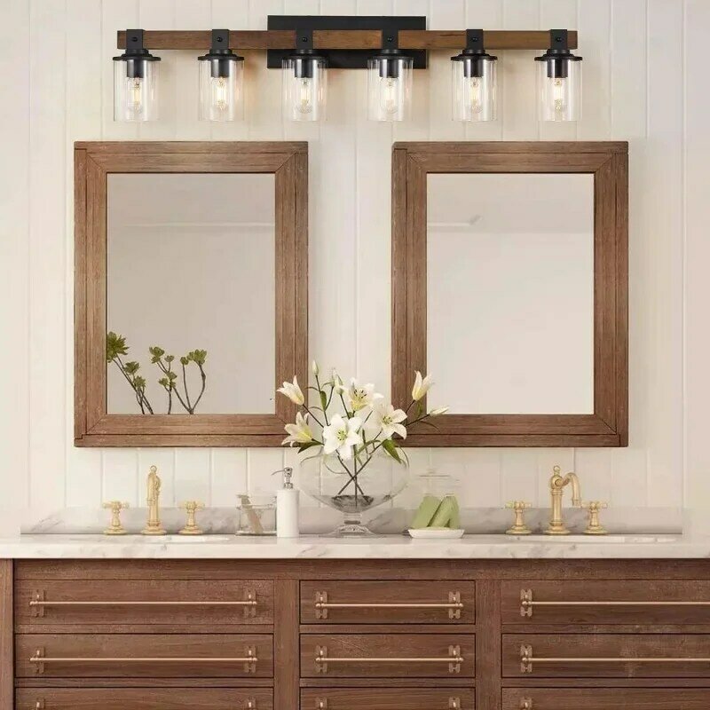 Tocador de baño de 6 luces, accesorios de casa de campo sobre Espejo, madera clásica con sombra de vidrio transparente, negro