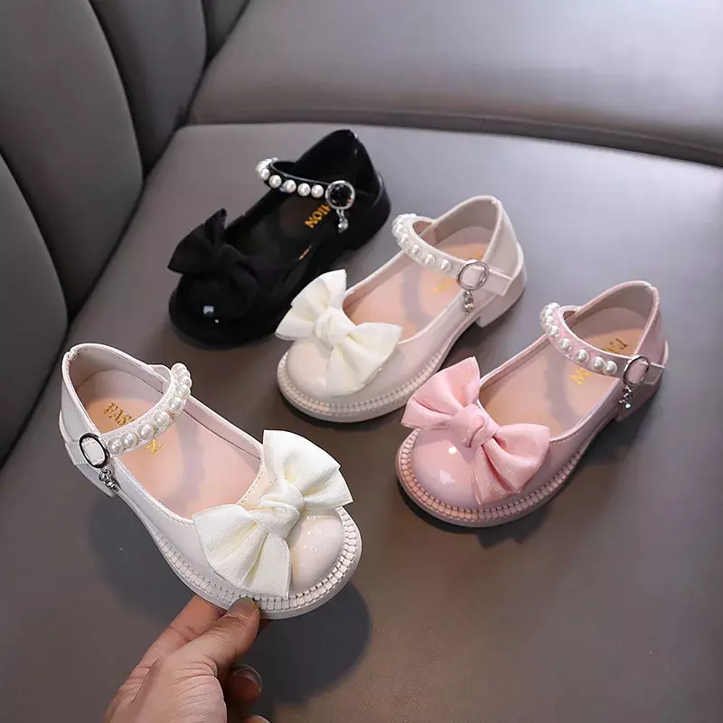 Girl Leather Shoes Mary Jane Glossy PU Sweet Bowtie Children Princess Shoes for Wedding Fashion Pearl Causal Kids Party Shoes
