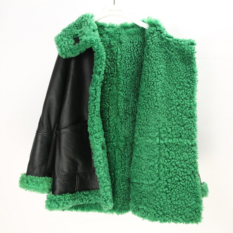 2023 Women Fashion Bazaar Lamb Fur Shearling Jacket Female Hooded Green Brown Real Fur Coat