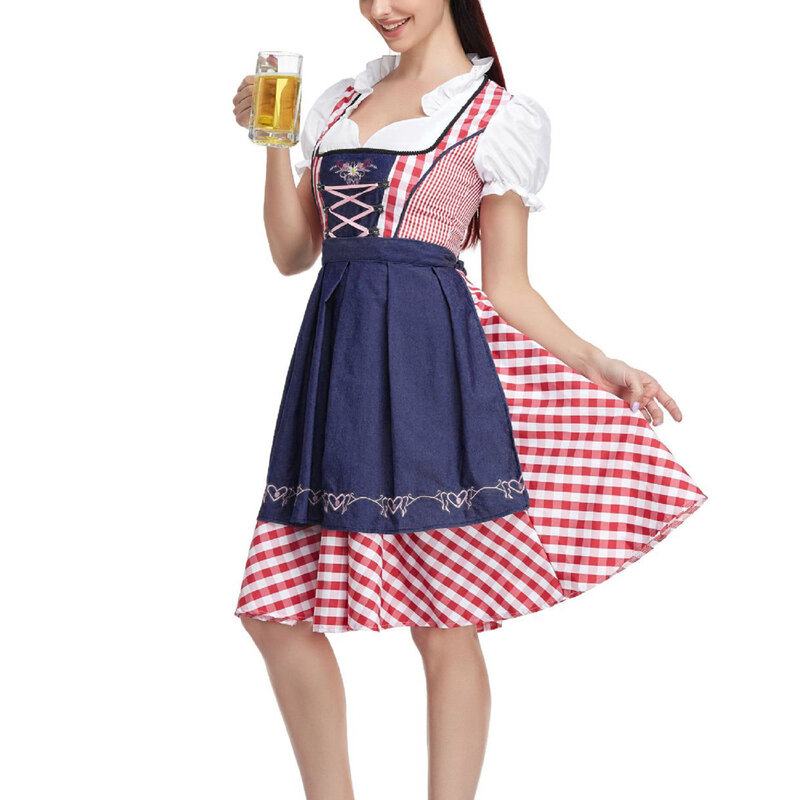 2024 kobiet niemiecki Oktoberfest Bavarian pokojówka sukienki z krótkim rękawem fartuch Dirndl sukienka kobiety Vintage fantazyjne sukienki na przyjęcie nowe