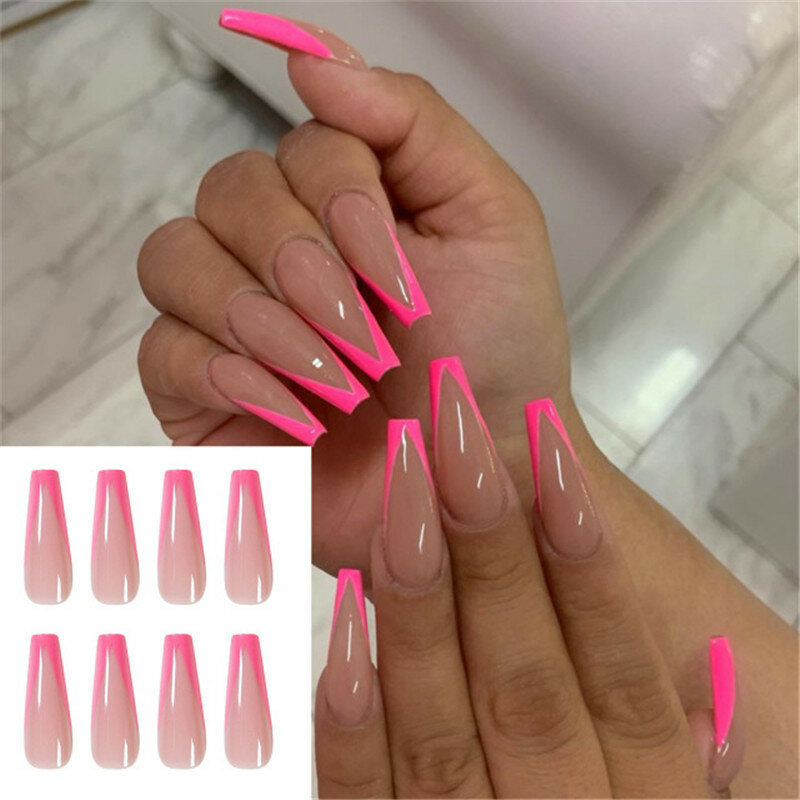 24pcs/ Packaging Boxes For Press On Fake Nails Short Reusable With Glue Designs Set French Artificial Pink Art False Tips