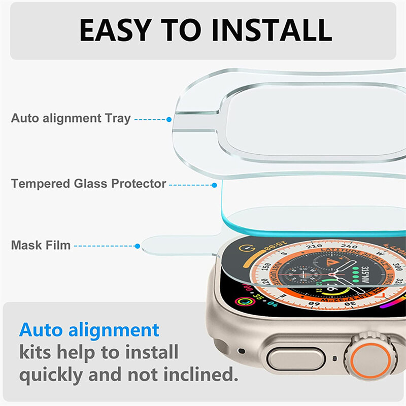 Película de vidrio templado para Apple Watch Ultra 2, Protector de pantalla HD, herramienta de alineación, Kit de instalación fácil, 49mm