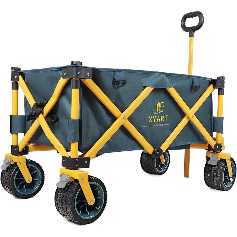Keranjang lipat gerobak utilitas dapat dilipat tugas berat untuk berkemah luar ruangan taman pantai dengan roda besar hijau tua kuning