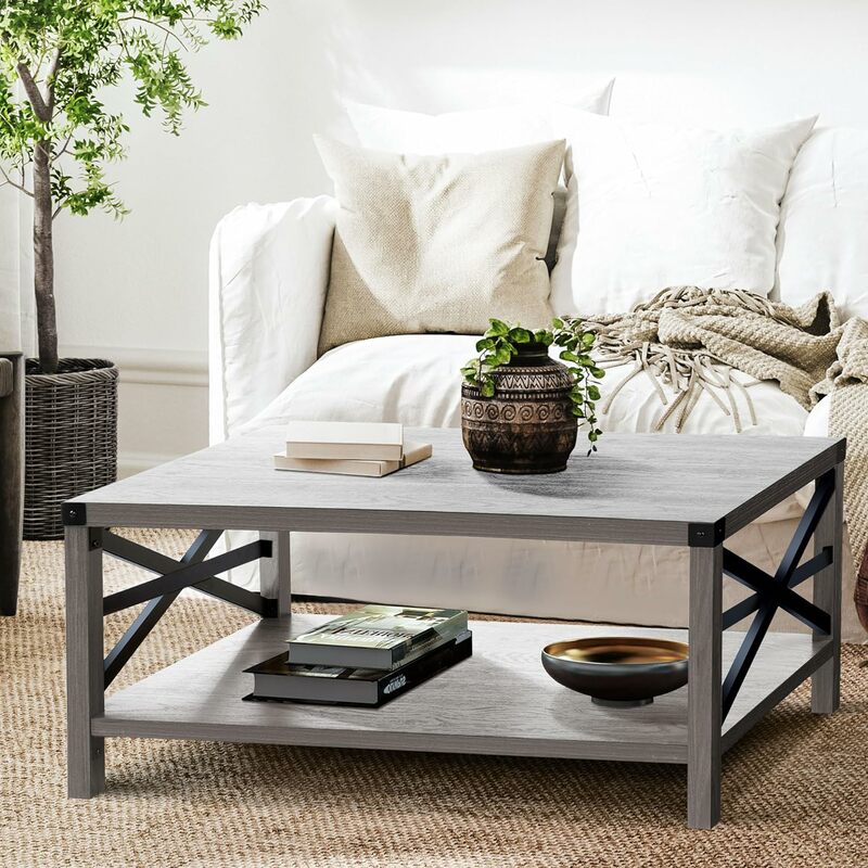Rustikaler Couch tisch mit Ablage fach, rechteckiger Vintage-Holzstil mit stabilem Metallrahmen, Bauernhaus-Industrie tisch