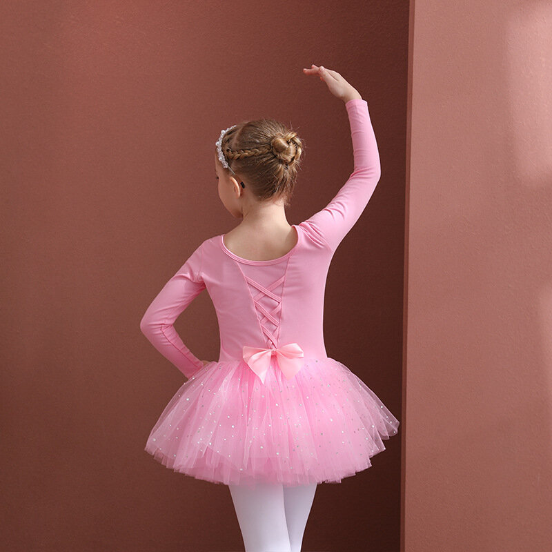 Dziewczęca taniec baletowy sukienka Tutu dziecięca krótkie/długie rękawy tiulowa Bowknot Skate gimnastyka bożonarodzeniowa impreza trykotowy strój taneczny
