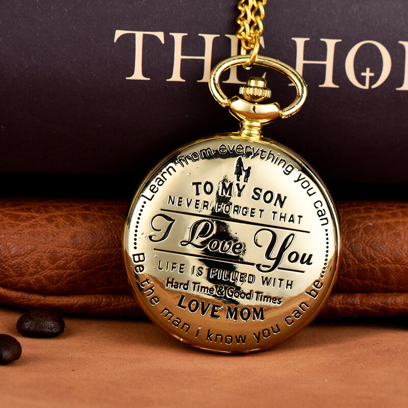 Luxury To My Son I Love You Carving Quartz Pocket Watch for Son Boys Engraved Case Fob Watches Clock for Children Birthday Gifts