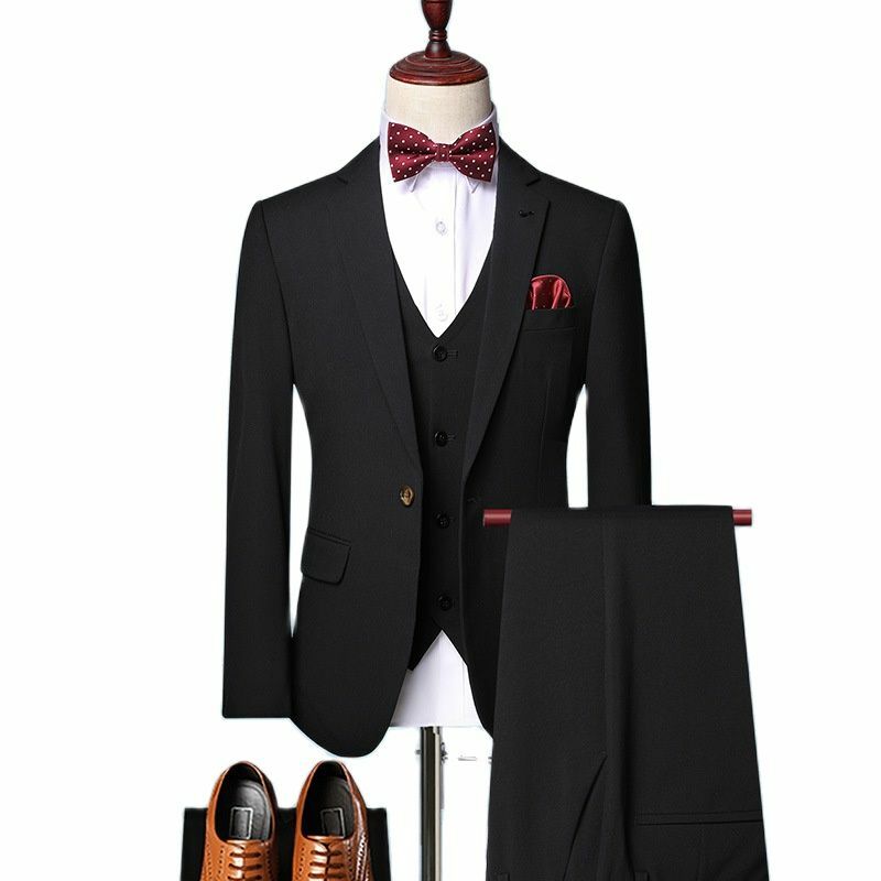 Мужской костюм из трех предметов, облегающий однотонный Британский костюм на одной пуговице, подходит для свадебного банкета, деловой повседневный комплект, куртка, жилет с брюками