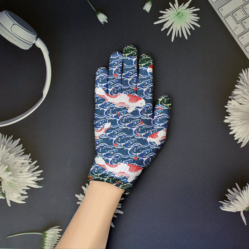 일본식 인쇄 장갑, 여성 봄 가을 스트레치 니트 장갑, 3D 인쇄 전체 손가락 여성 터치 스크린 장갑