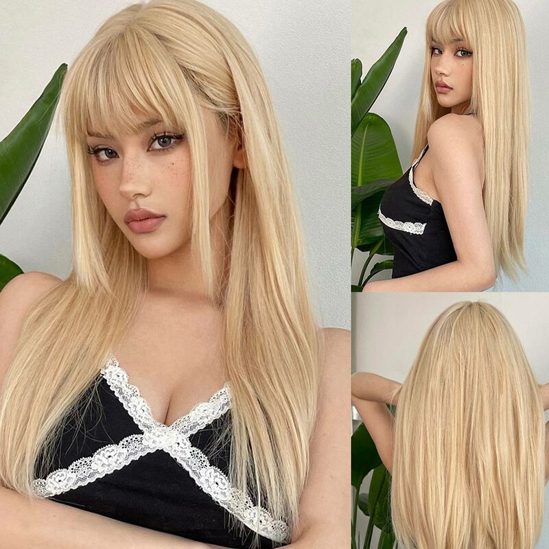 Wig hair cover European and American style blonde Qi bangs long straight hair full head cover high temperature silk