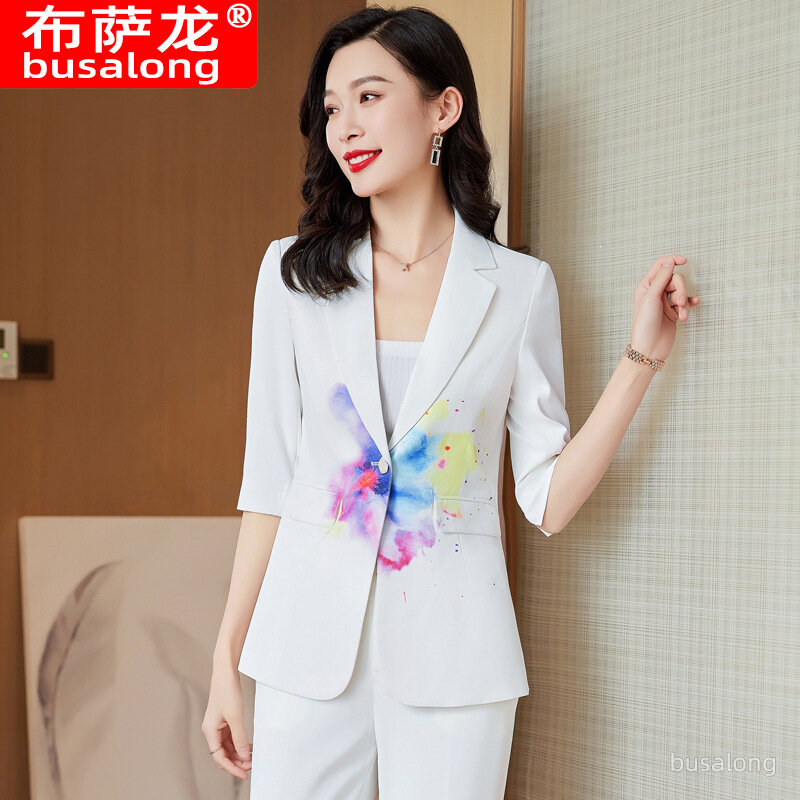 Three-Quarter Sleeve White Suit Female 2023 Spring and Summer French Bleached White Collar Casual Business Attire Beauty Tempera