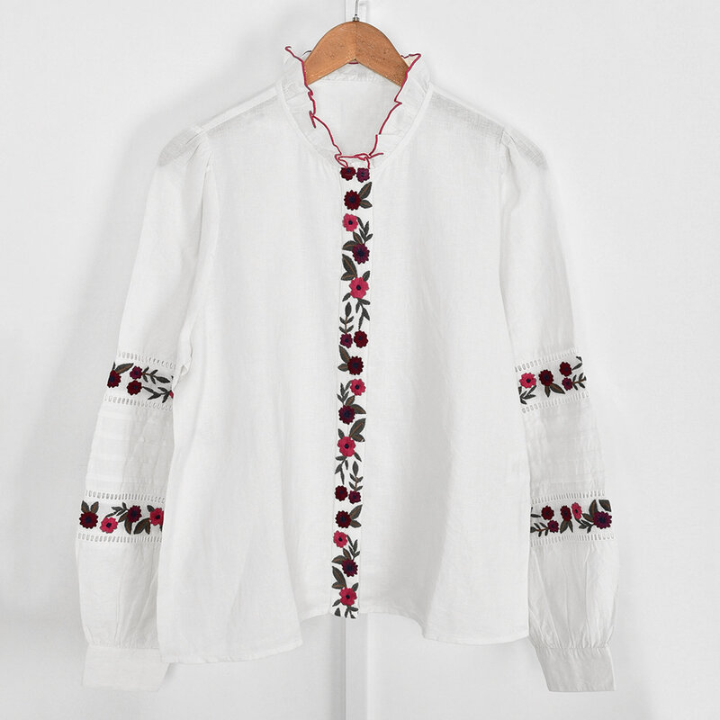 Tops de manga de lanterna bordada floral feminino, camisa vintage feminina, peito único, gola plissada, primavera, 2024