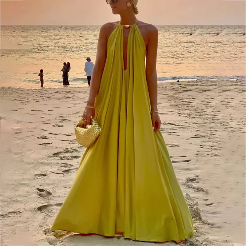 Vestido longo monocromático feminino, elegante terno de biquíni, recortado sem mangas, maiôs de praia de férias, verão, 2024