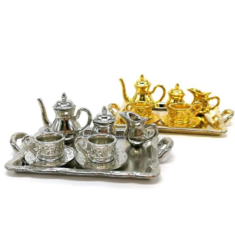 10 Teile/satz Puppe Haus Miniatur Metall Tee Puppe Haus Möbel Miniatur Dining Ware Spielzeug Teekanne Tasse Platte
