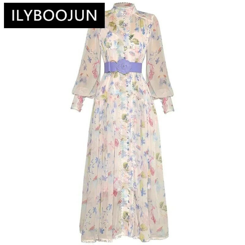 ILYBOOJUN-Vestido feminino com mangas de lanterna de gola alta, cinto de peito único, vestidos estampados soltos, estilistas de verão, primavera