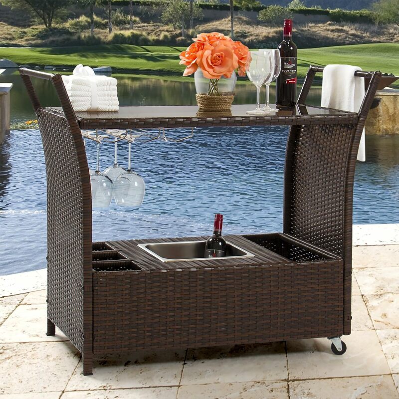 Outdoor Rolling Wicker Bar Cart w/Removable Ice Bucket, Glass Countertop, Wine Glass Holders, Storage Compartments - Brown