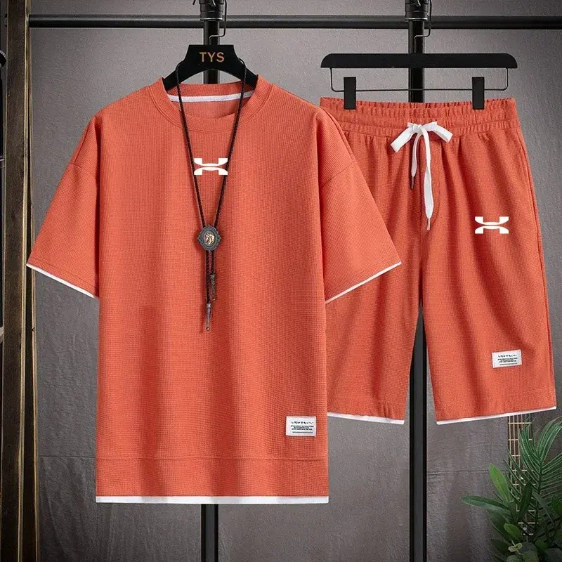 Camiseta informal de tela de lino de dos piezas para hombre, chándal de manga corta a la moda, Verano