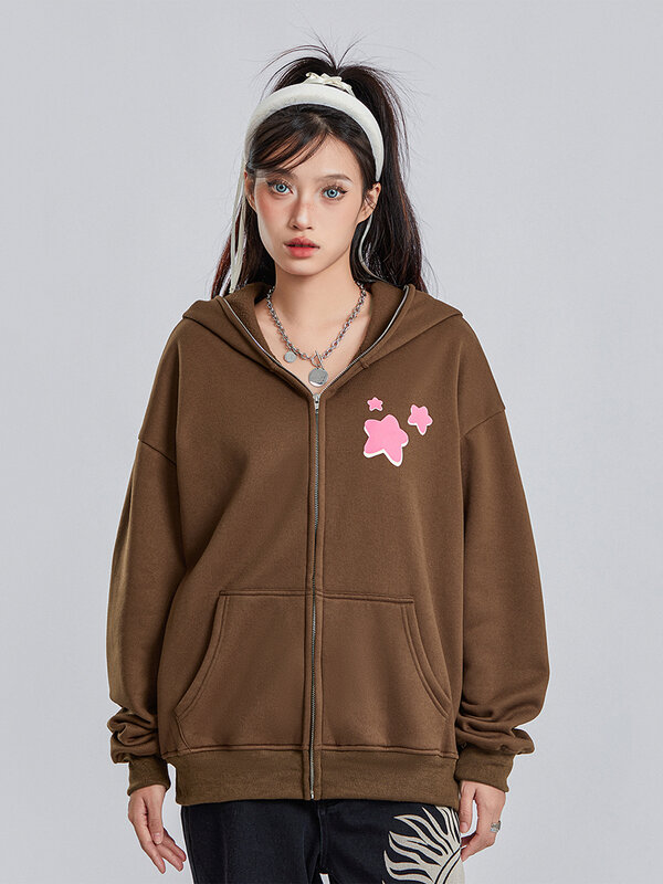 5-Color Women'S Autumn Casual Hooded Jacket With Long Sleeved Star Print Pockets, Zippered Hood, Vintage Print Sweatshirt