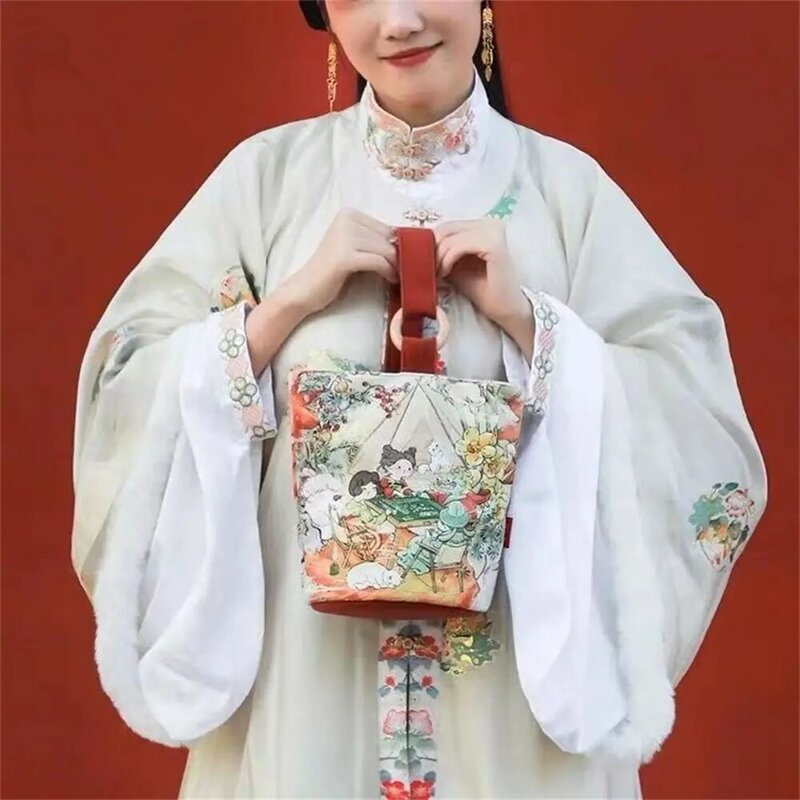 Bolsos de lona de estilo chino Simple para mujer, bolsa de almuerzo de gran capacidad, bolso de cubo de pintura Retro para llevar