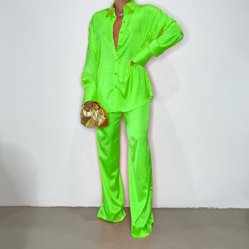 Женский атласный костюм из двух предметов, элегантный повседневный костюм из рубашки с длинным рукавом и прямых брюк, однотонный Свободный Топ, 2023