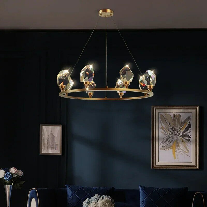 Nowoczesny luksusowy pełna miedź pierścionek z żyłką kryształowe lampy z żyrandol do salonu skandynawskich osobowości kreatywny projektant lampy