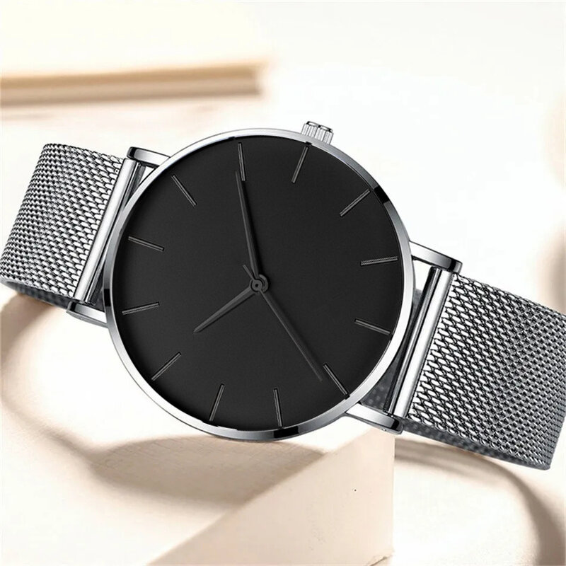 3 szt. Zestaw moda męska Ultra cienka proste zegarki męska biznes codzienna bransoletka naszyjnik siatka ze stali nierdzewnej pasek zegarek kwarcowy